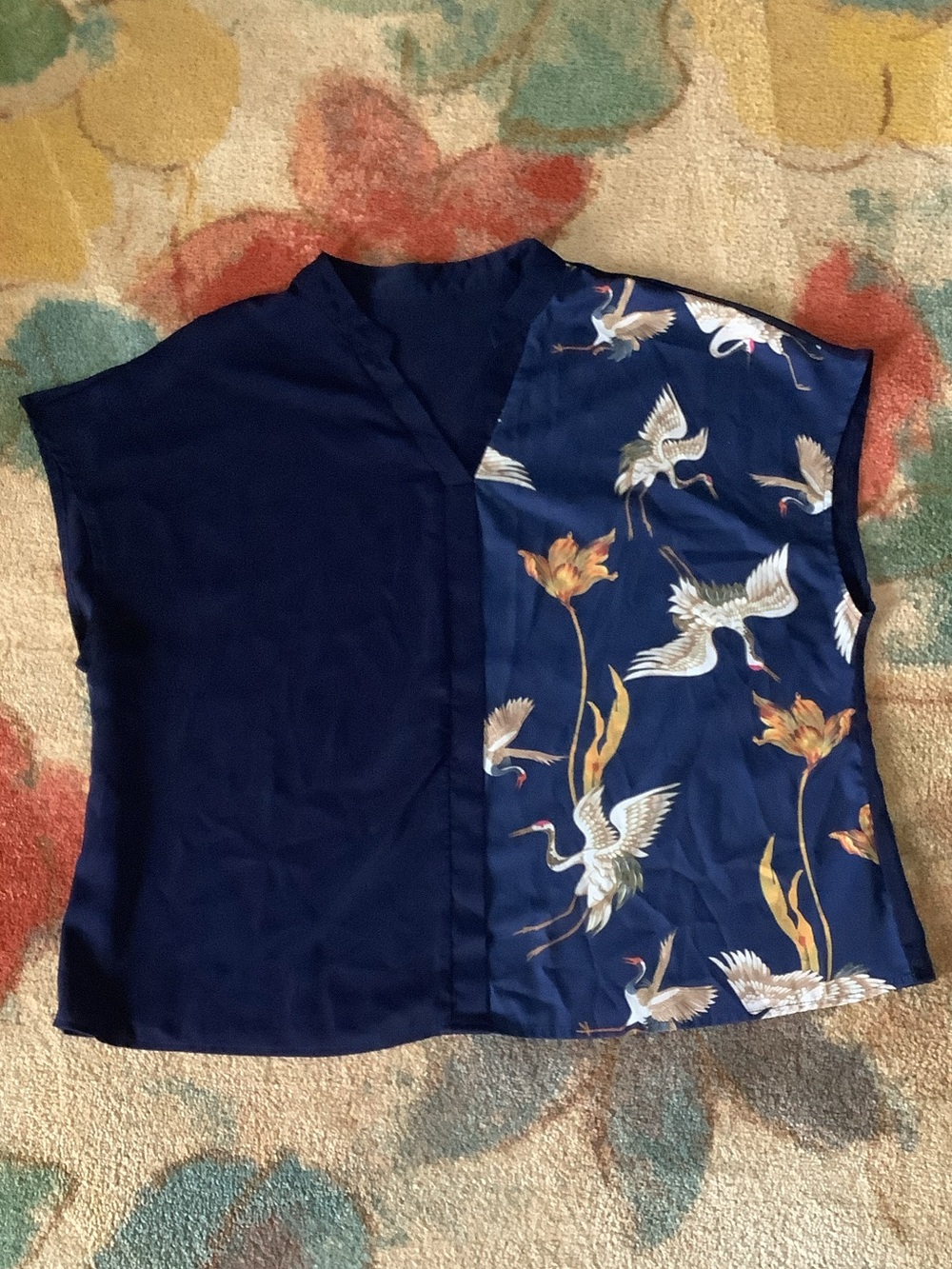 SHEIN Navy Crane Print Mixed-Media Top with Floral Accents